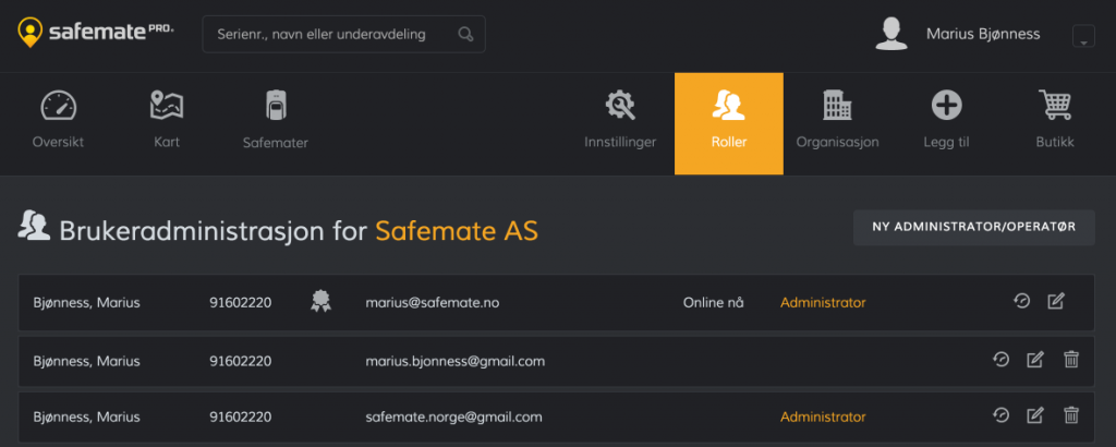 User administration Safemate Pro